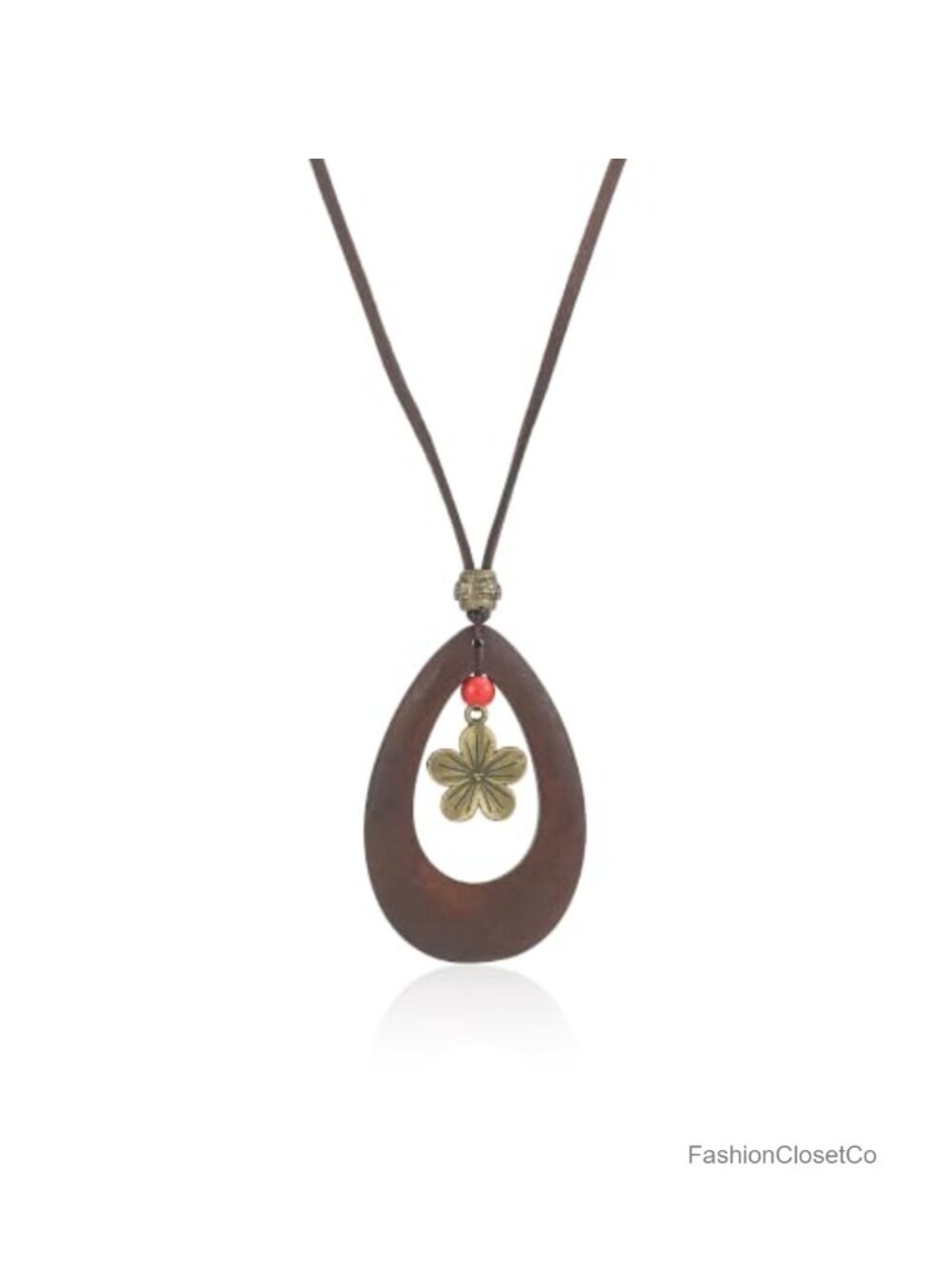 Boho Wood Teardrop Pendant Long Necklace Adjustable Leather Cord Ethnic Charm